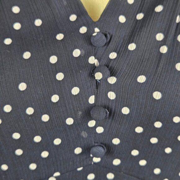 DKNY Size 4 Navy Blue Midi Dress White Polka Dots Vneck Sheer Ruched Sleeves - Picture 3 of 15
